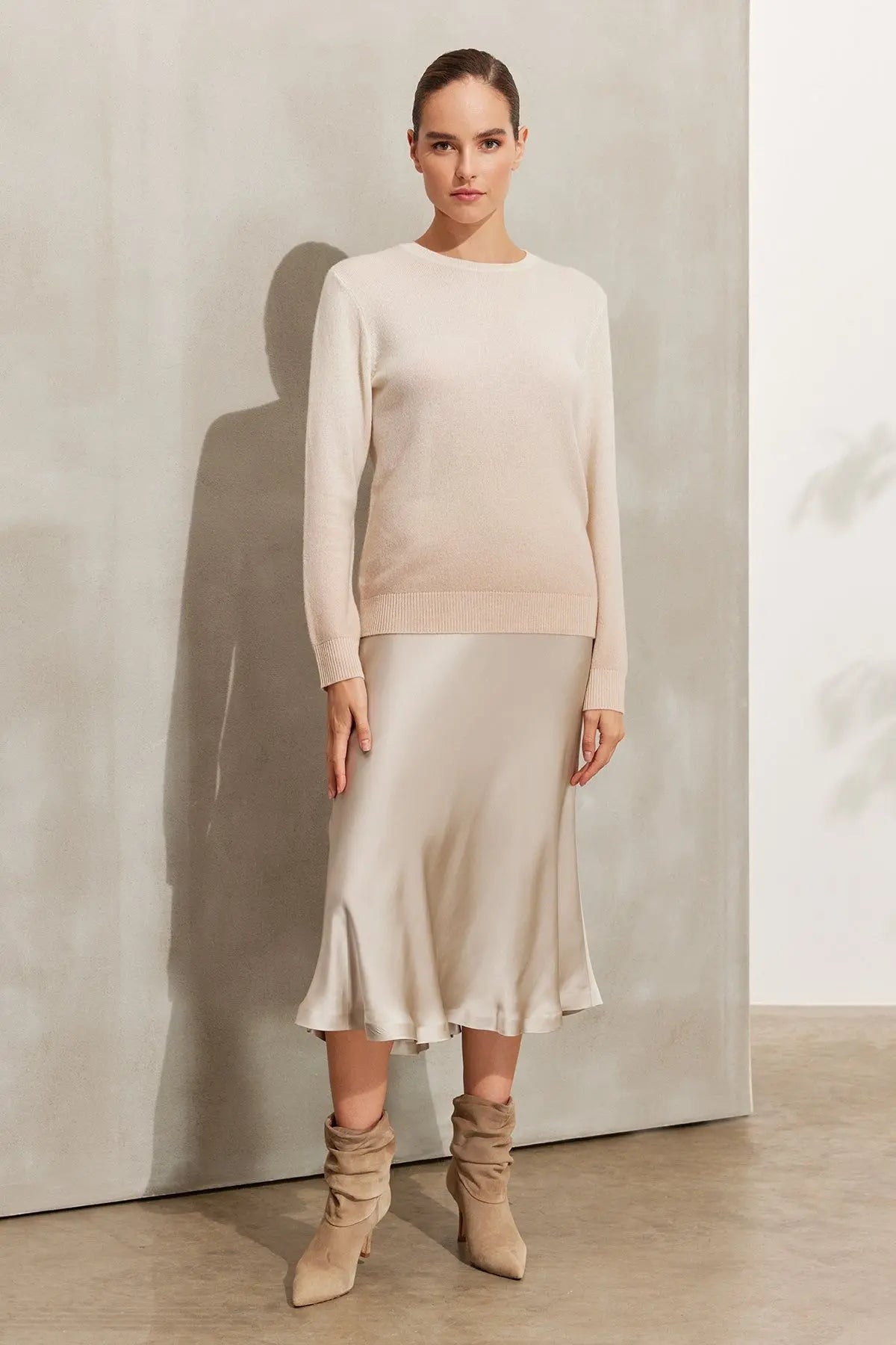 Bej Kamir Yün Degrade Yuvarlak Yaka Uzun Kollu Kazak Silk and Cashmere