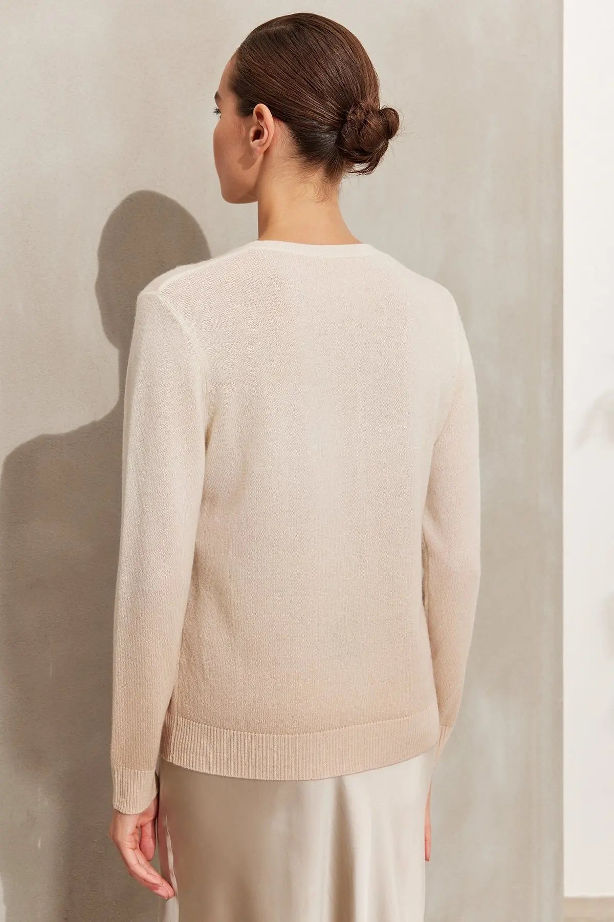 Bej Kamir Yün Degrade Yuvarlak Yaka Uzun Kollu Kazak Silk and Cashmere