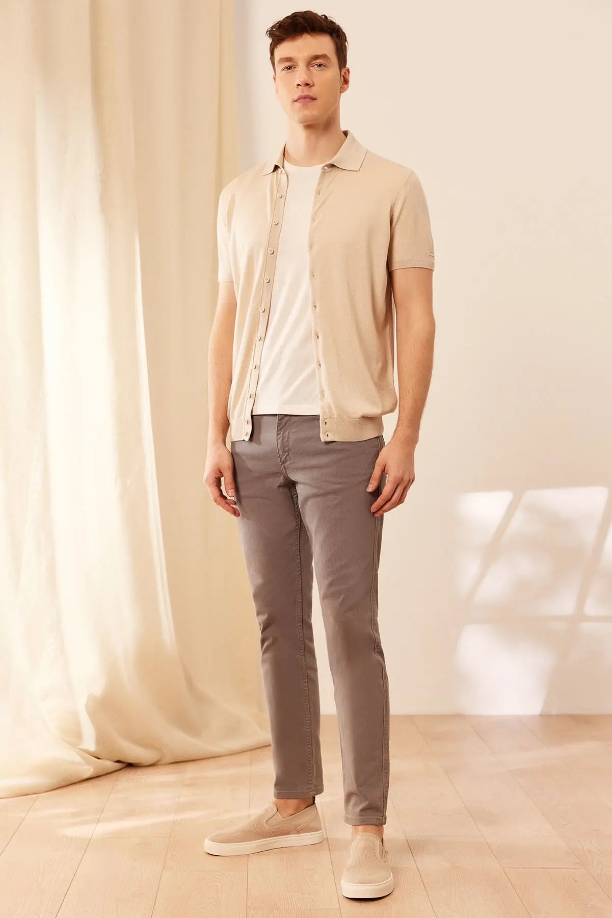 Bej Kaşmir İpek Utku Kısa Kollu Polo Yaka Triko Gömlek Silk and Cashmere