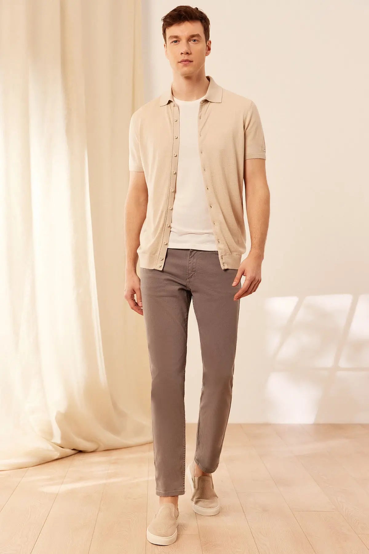 Bej Kaşmir İpek Utku Kısa Kollu Polo Yaka Triko Gömlek Silk and Cashmere