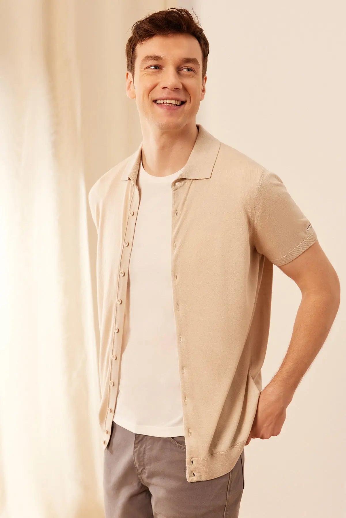 Bej Kaşmir İpek Utku Kısa Kollu Polo Yaka Triko Gömlek Silk and Cashmere