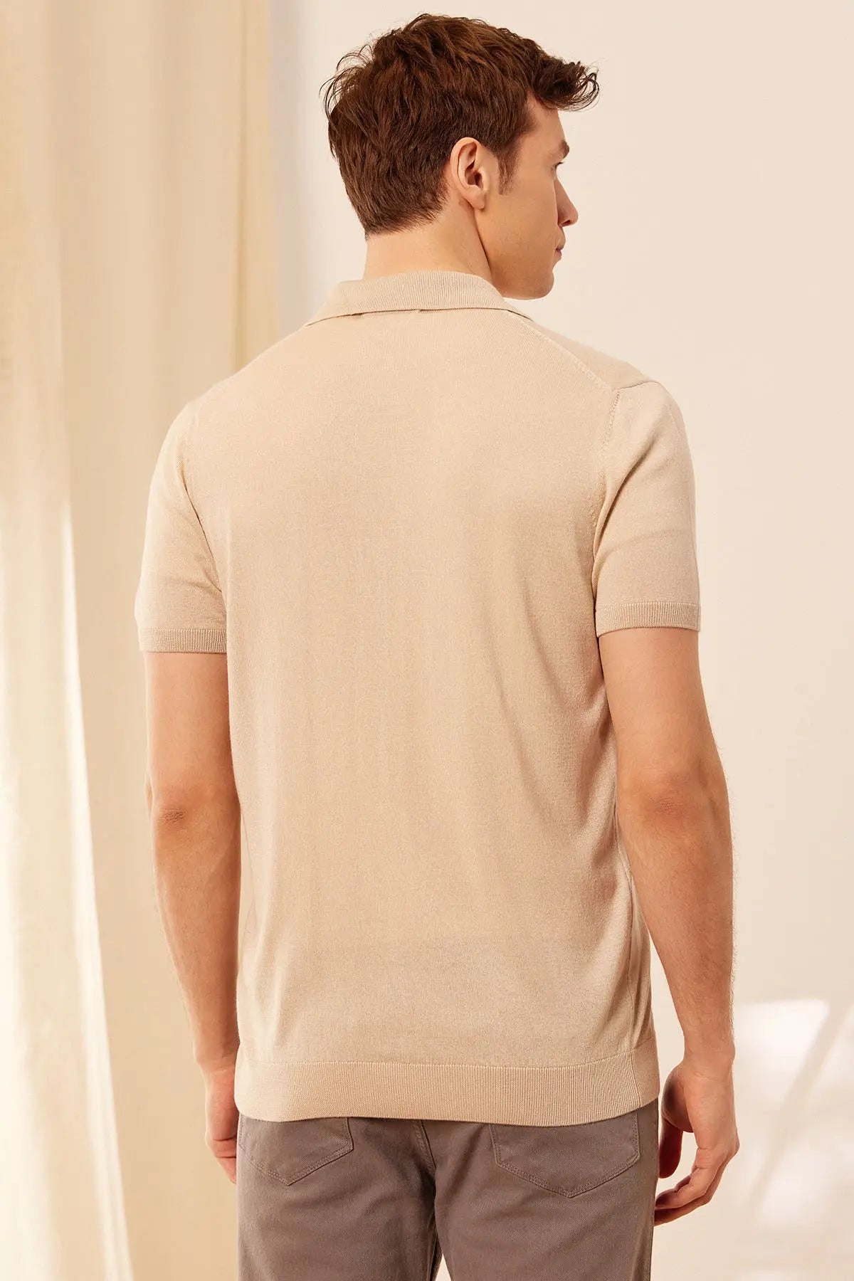 Bej Kaşmir İpek Utku Kısa Kollu Polo Yaka Triko Gömlek Silk and Cashmere