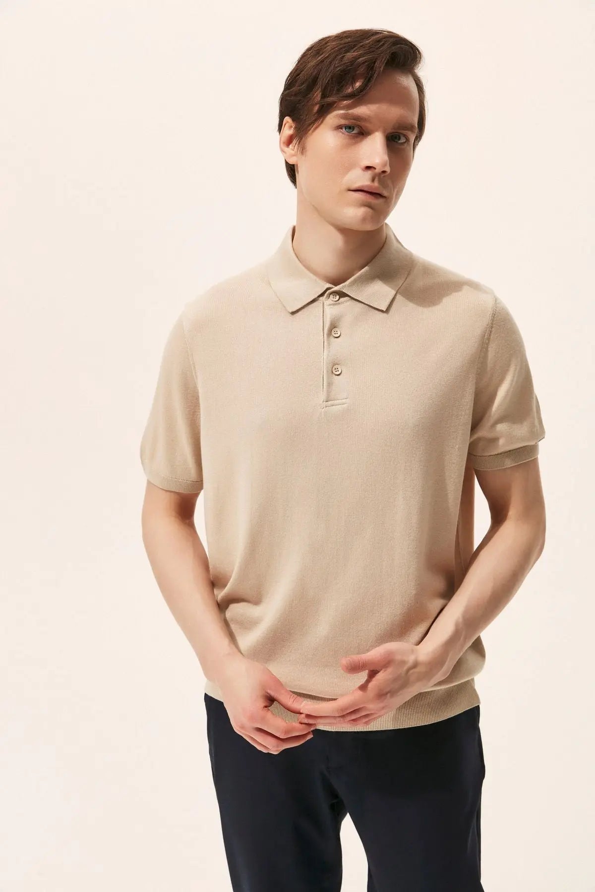 Bej Kaşmir İpek Utku Kısa Kollu Polo Yaka Triko Silk and Cashmere