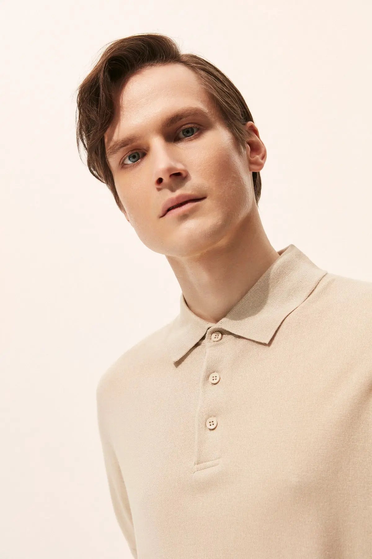 Bej Kaşmir İpek Utku Kısa Kollu Polo Yaka Triko Silk and Cashmere