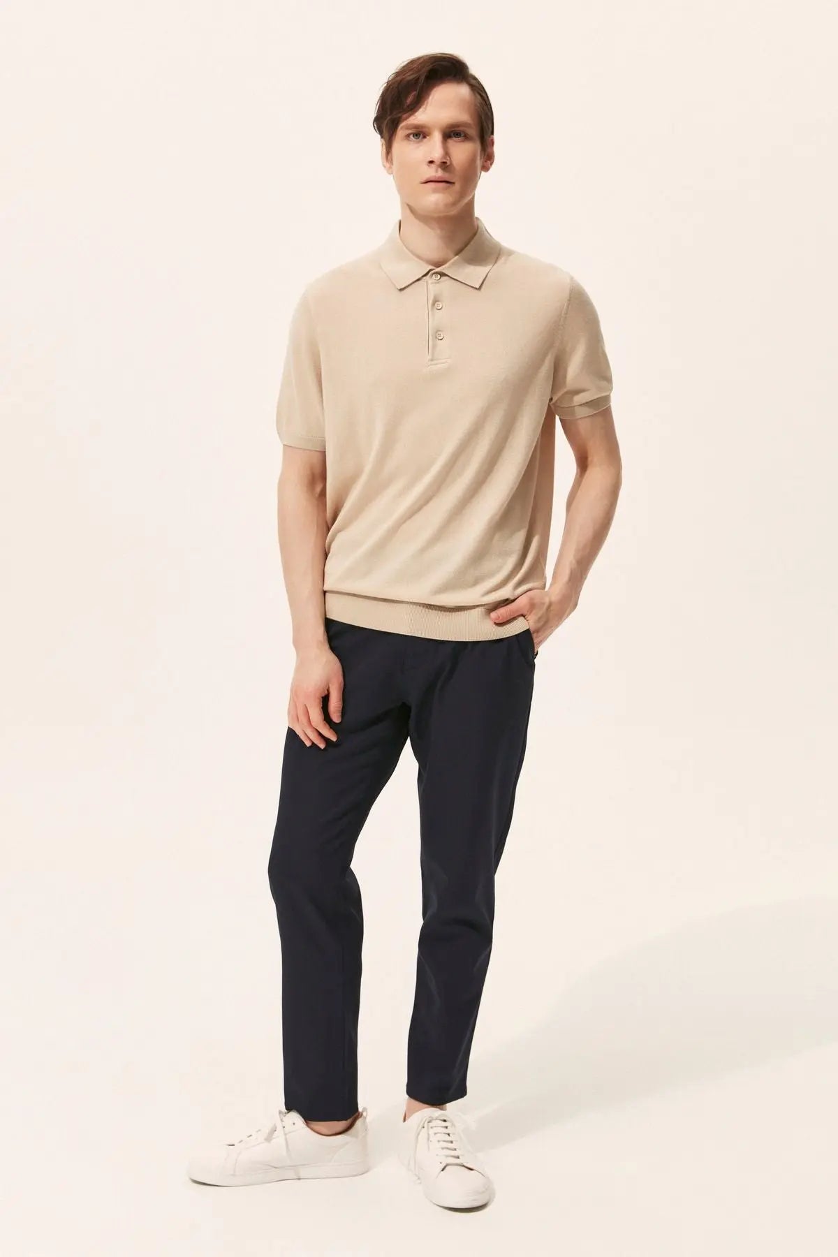 Bej Kaşmir İpek Utku Kısa Kollu Polo Yaka Triko Silk and Cashmere