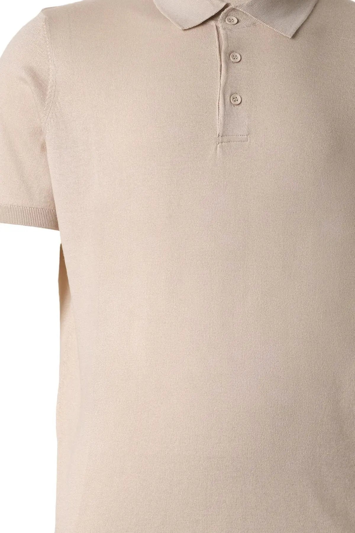 Bej Kaşmir İpek Utku Kısa Kollu Polo Yaka Triko Silk and Cashmere