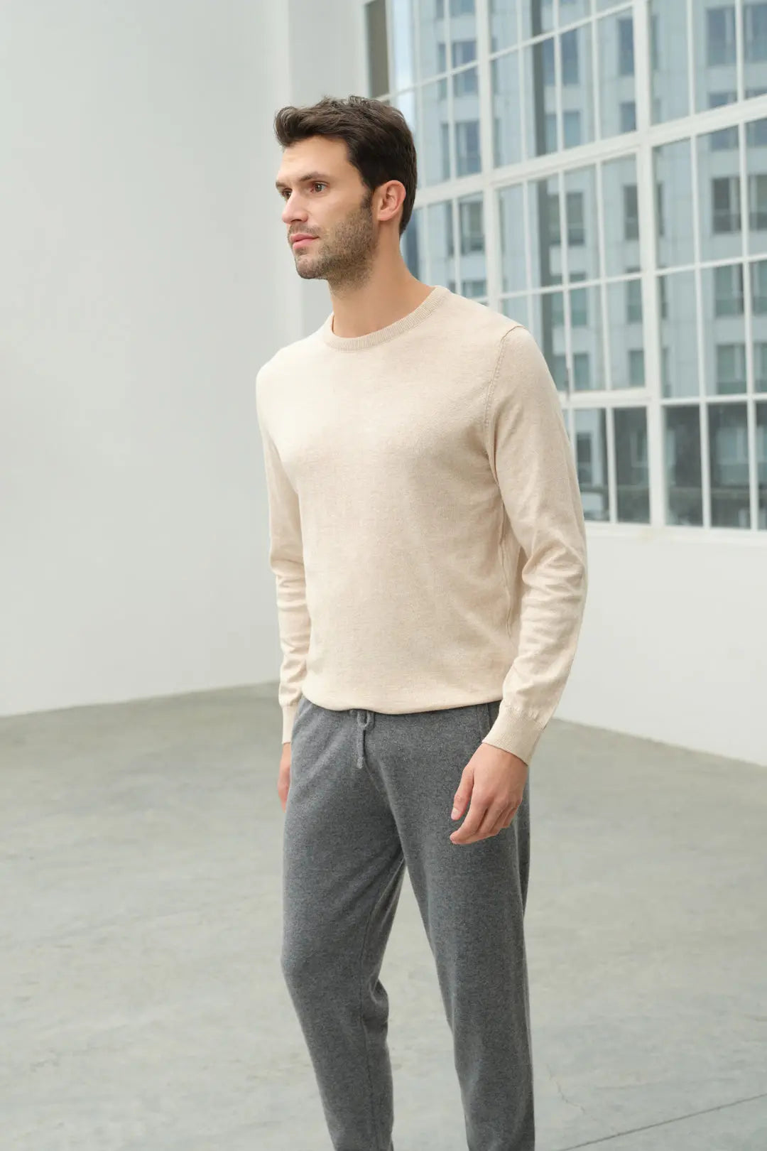 Bej Melanj & More Clark Erkek Yuvarlak Yaka Uzun Kollu Erkek Triko Silk and Cashmere