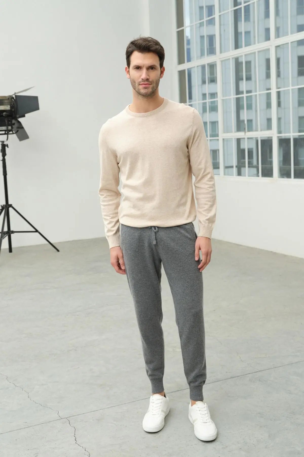 Bej Melanj & More Clark Erkek Yuvarlak Yaka Uzun Kollu Erkek Triko Silk and Cashmere