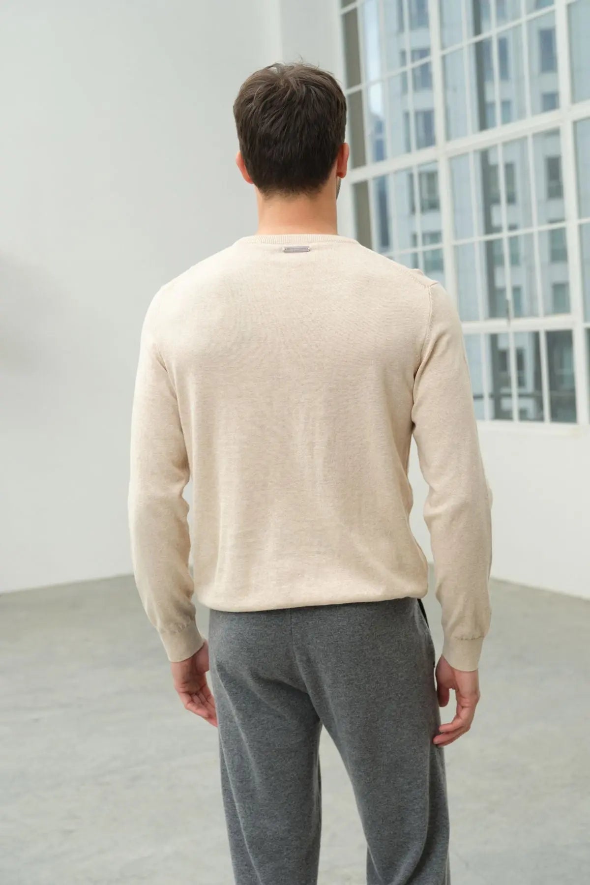 Bej Melanj & More Clark Erkek Yuvarlak Yaka Uzun Kollu Erkek Triko Silk and Cashmere