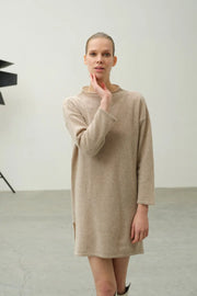 Bej Saf Kamir Dik Yaka Uzun Kollu Kostir Tunik Silk and Cashmere