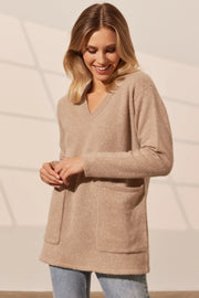 Bej Saf Kamir V Yaka Uzun Kollu Cepli Kostir Tunik Silk and Cashmere