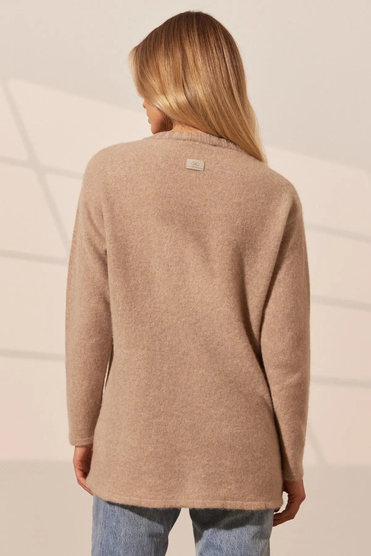 Bej Saf Kamir V Yaka Uzun Kollu Cepli Kostir Tunik Silk and Cashmere