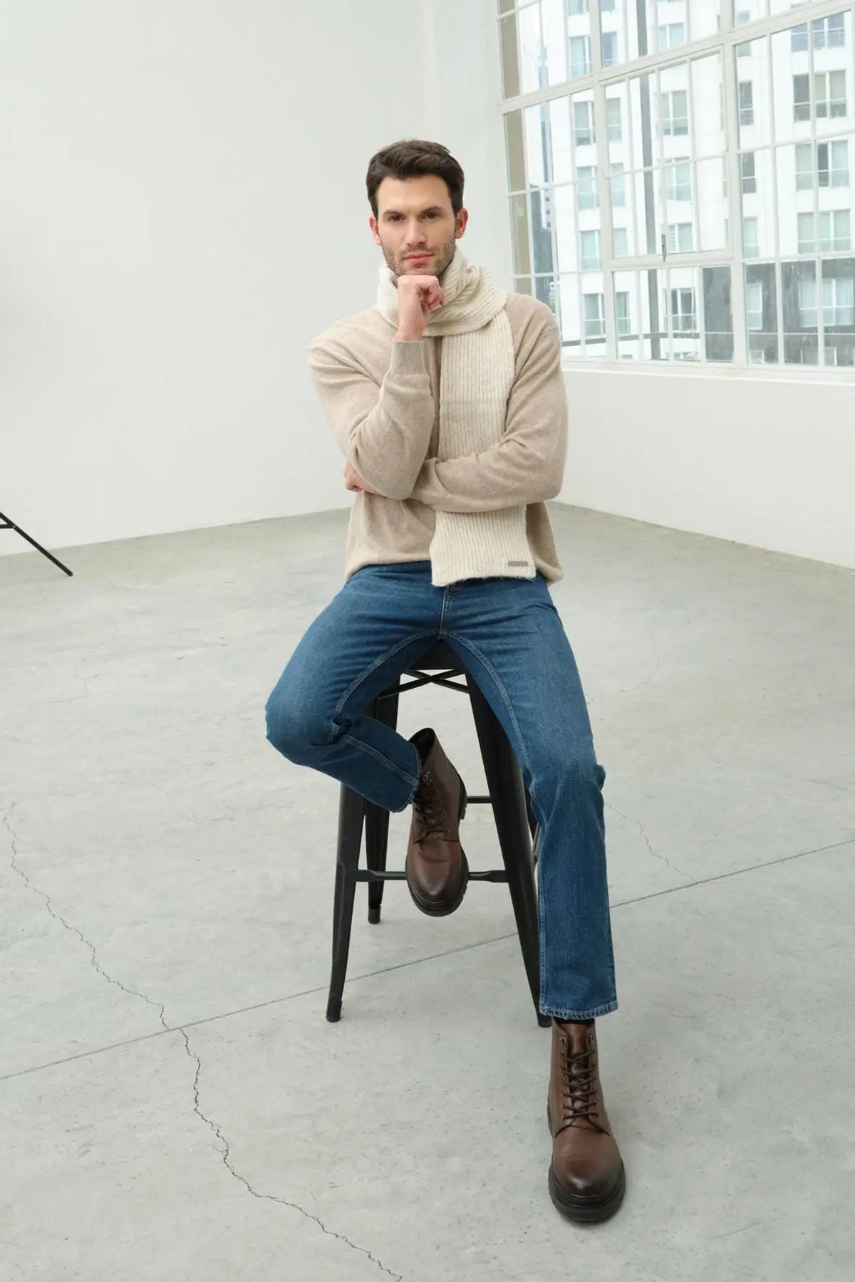 Bej Saf Kamir V Yaka Uzun Kollu Vincent Erkek Kazak Silk and Cashmere