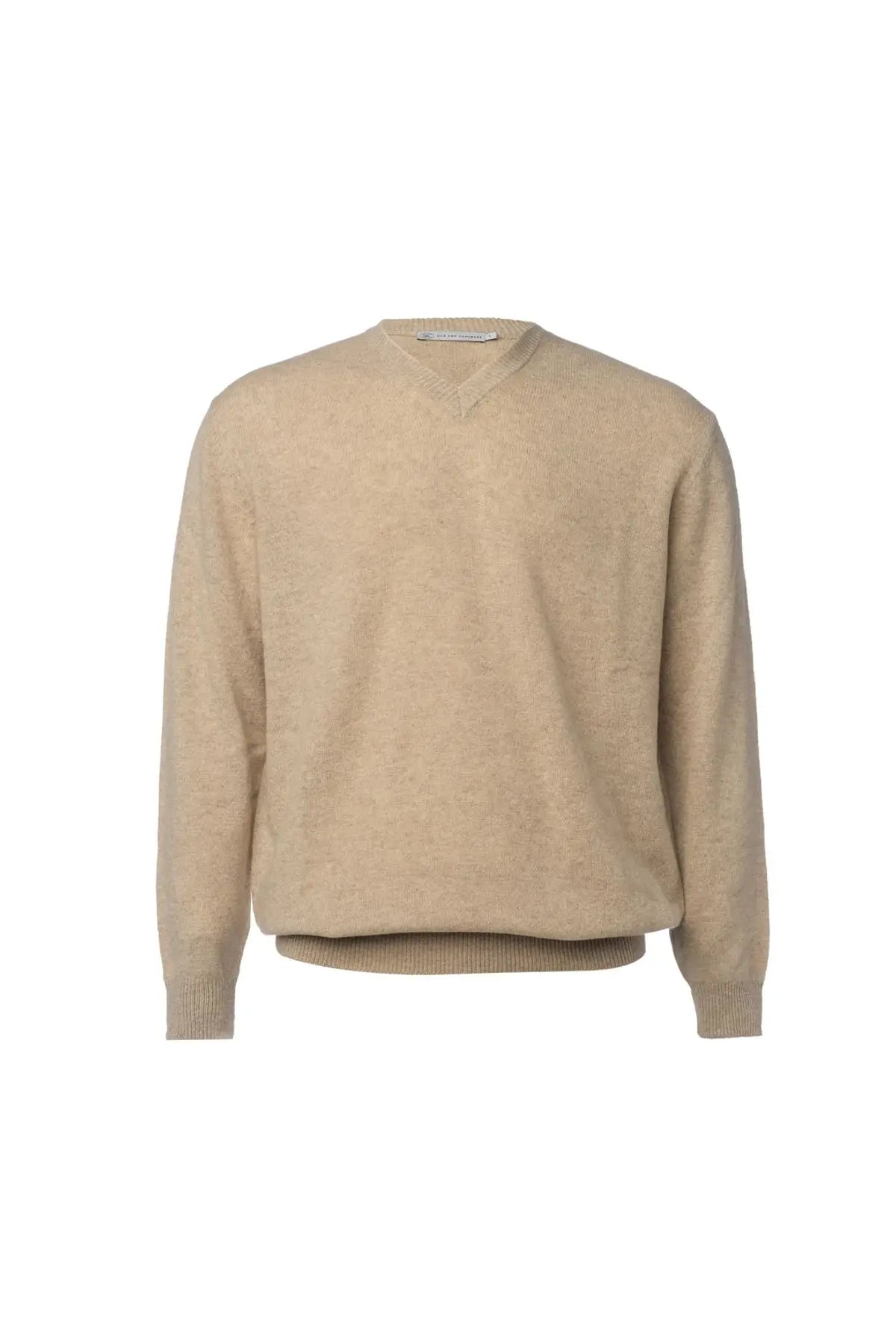 Bej Saf Kamir V Yaka Uzun Kollu Vincent Erkek Kazak Silk and Cashmere