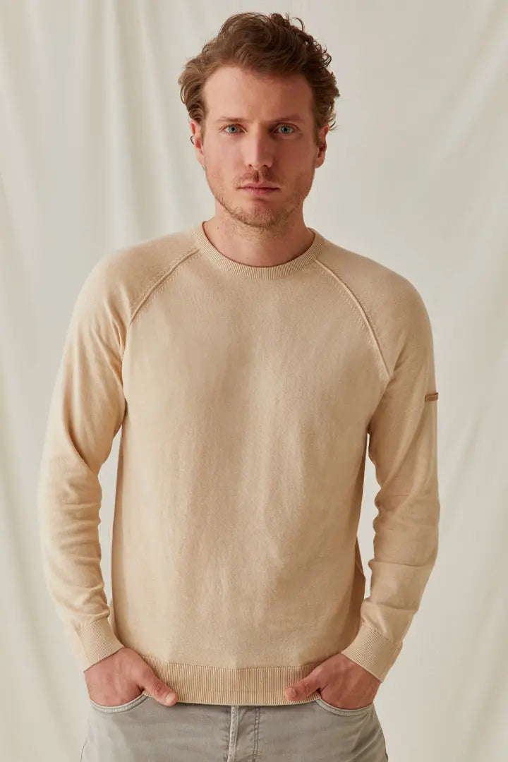 Bej pek Pamuk Quentin  Yuvarlak Yaka Reglan Uzun Kollu Erkek  Triko Silk and Cashmere