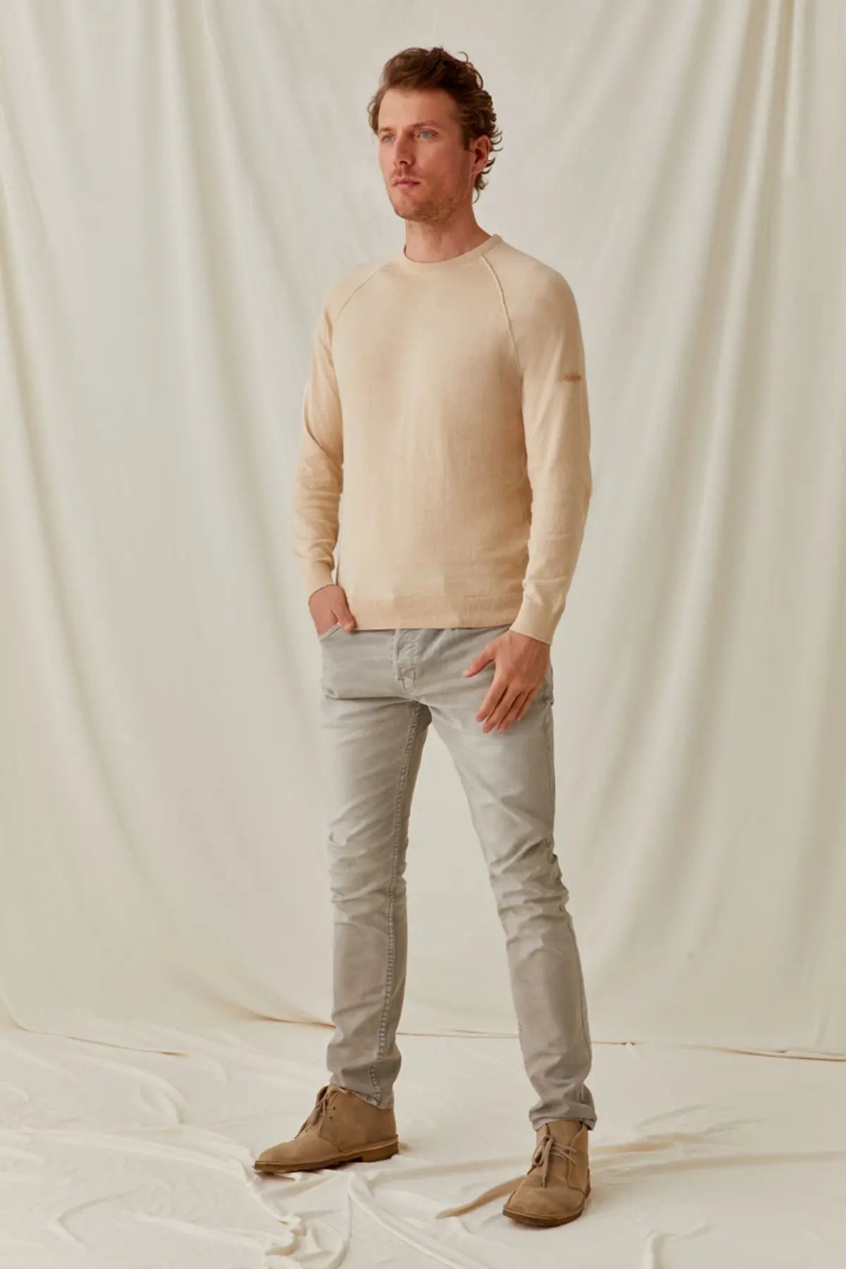 Bej pek Pamuk Quentin  Yuvarlak Yaka Reglan Uzun Kollu Erkek  Triko Silk and Cashmere