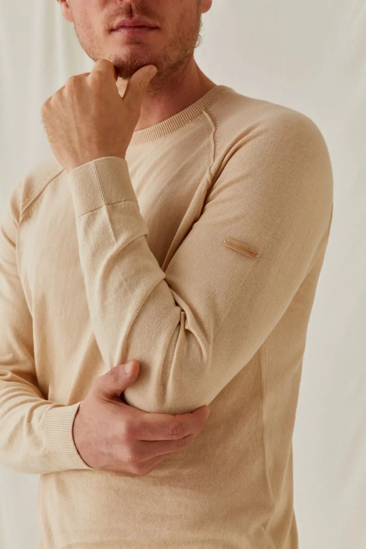 Bej pek Pamuk Quentin  Yuvarlak Yaka Reglan Uzun Kollu Erkek  Triko Silk and Cashmere