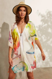 Beyaz İpekli Yaz Mevsimi Desenli Kısa Kimono Silk and Cashmere