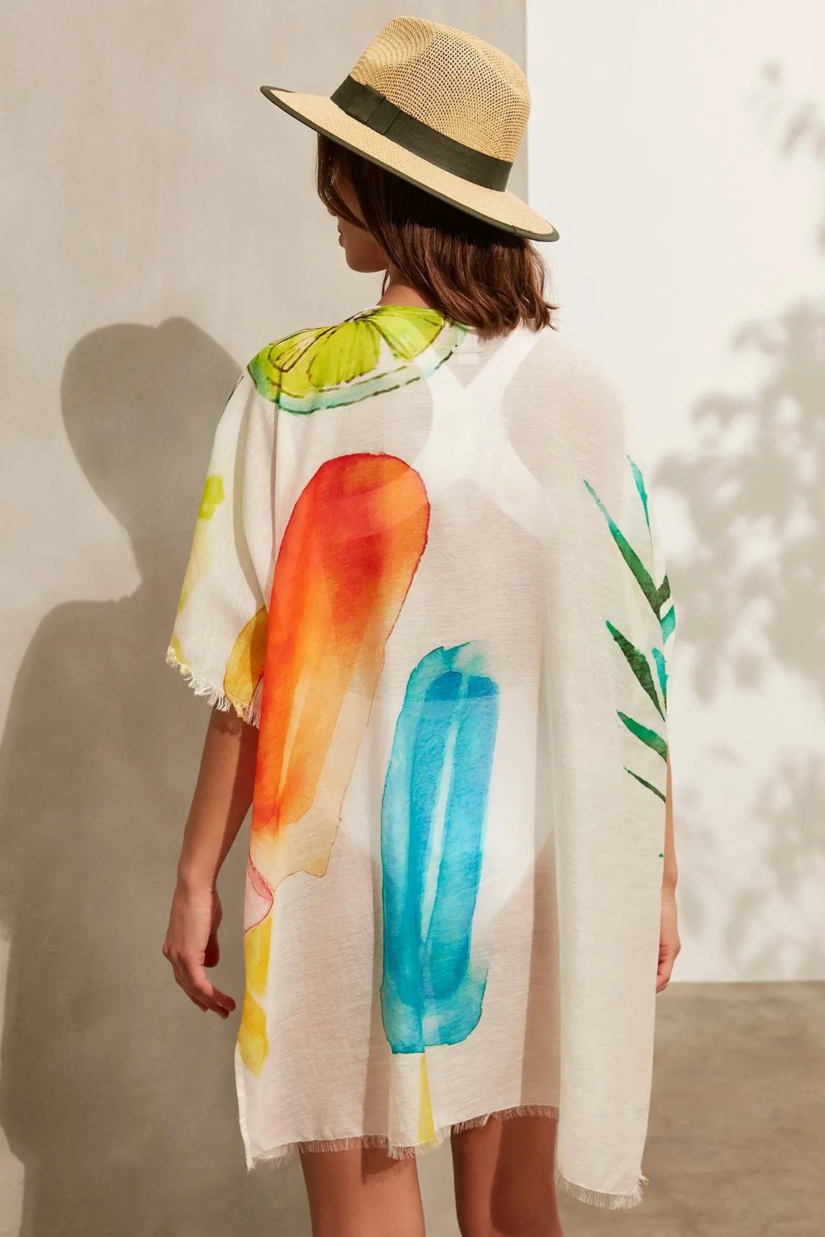 Beyaz İpekli Yaz Mevsimi Desenli Kısa Kimono Silk and Cashmere