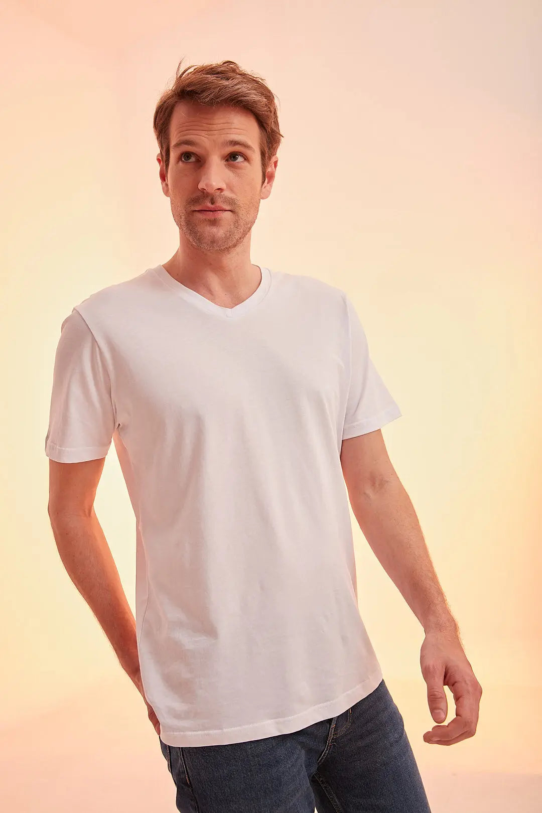 Beyaz & More Erkek V Yaka  Kısa Kollu Pamuk Tişört Silk and Cashmere