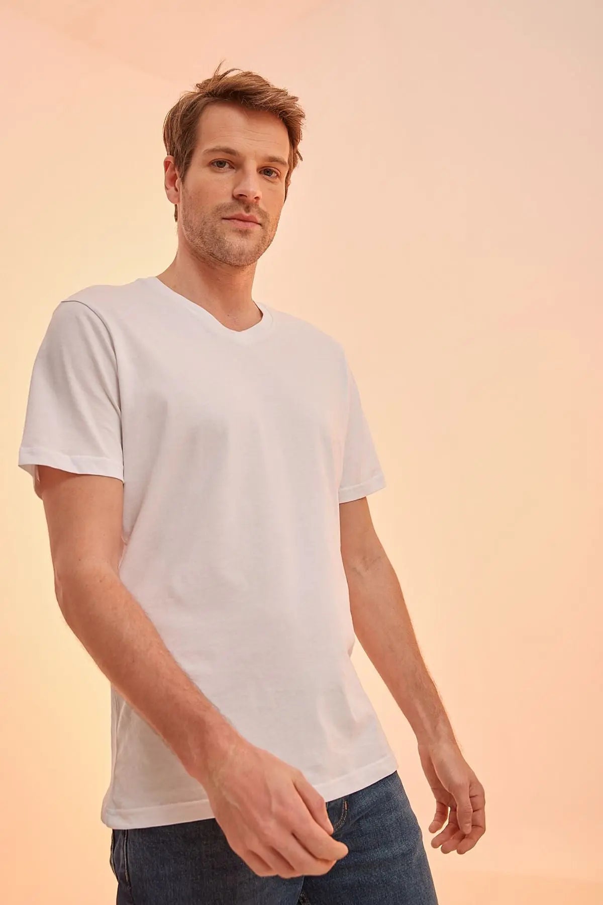 Beyaz & More Erkek V Yaka  Kısa Kollu Pamuk Tişört Silk and Cashmere