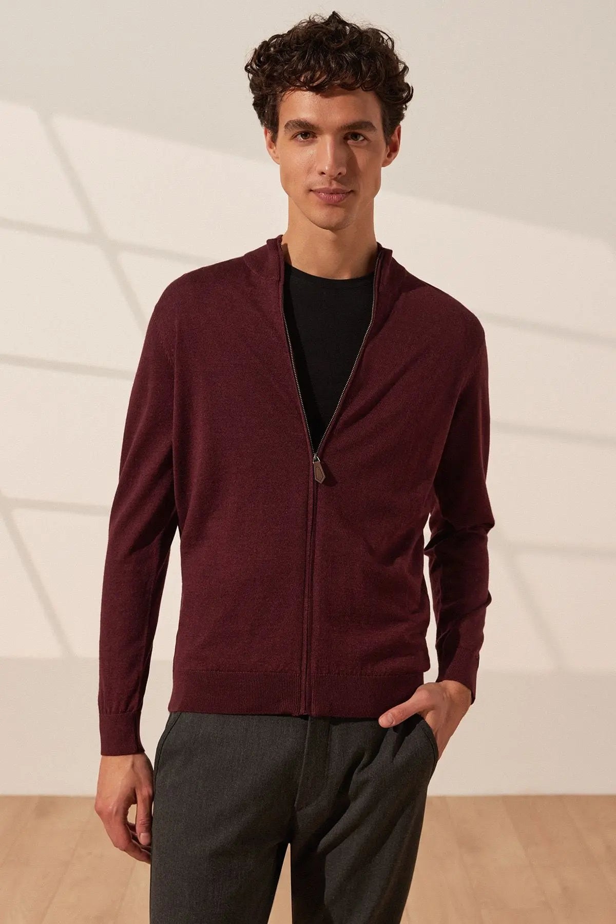 Bordo İpekli Quentin Yarım Balıkçı Yaka Uzun Kollu Triko Erkek Hırka Silk and Cashmere