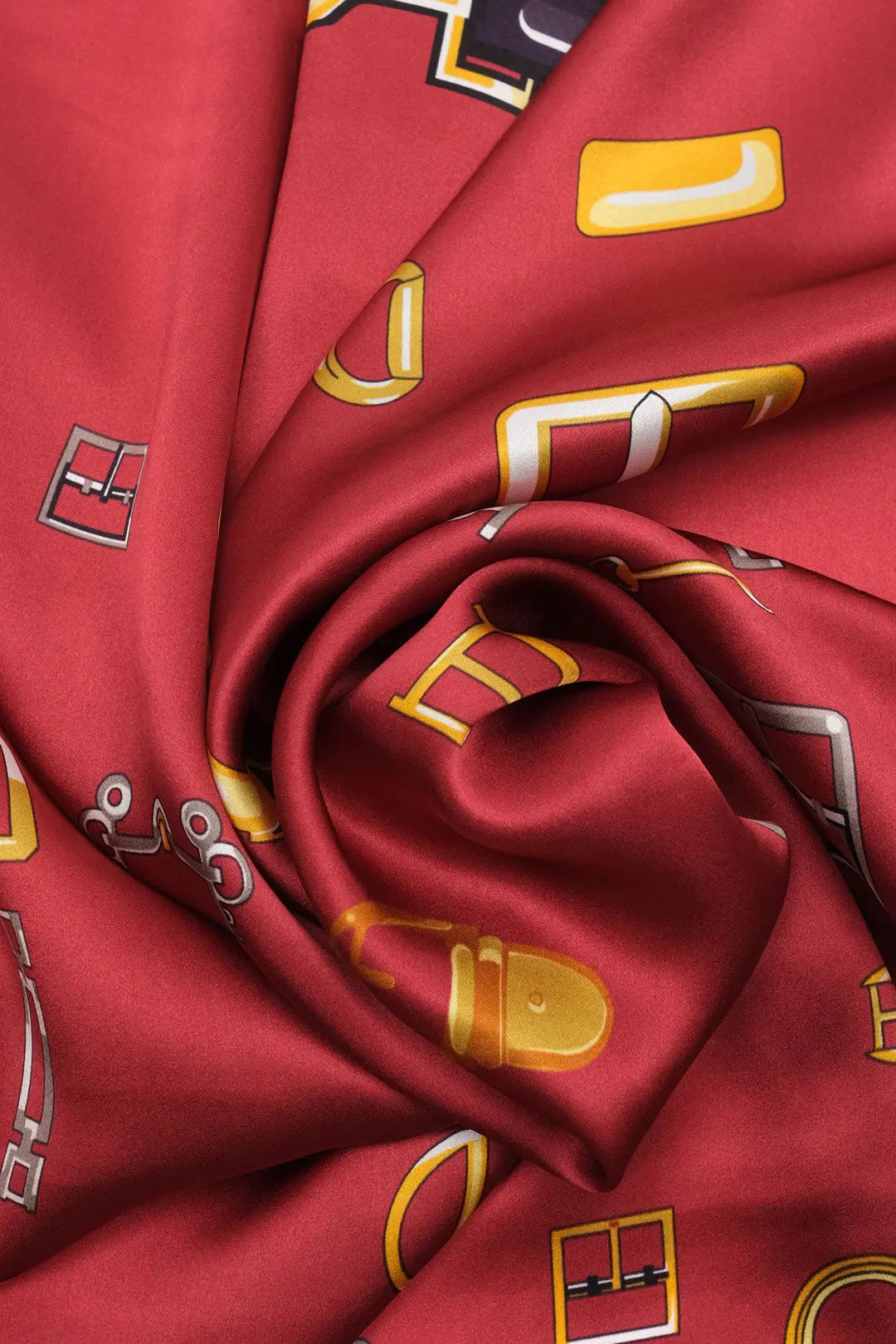 Bordo Saf ipek At Obje Desenli  Kadın Kare Eşarp 90 x 90 cm Silk and Cashmere