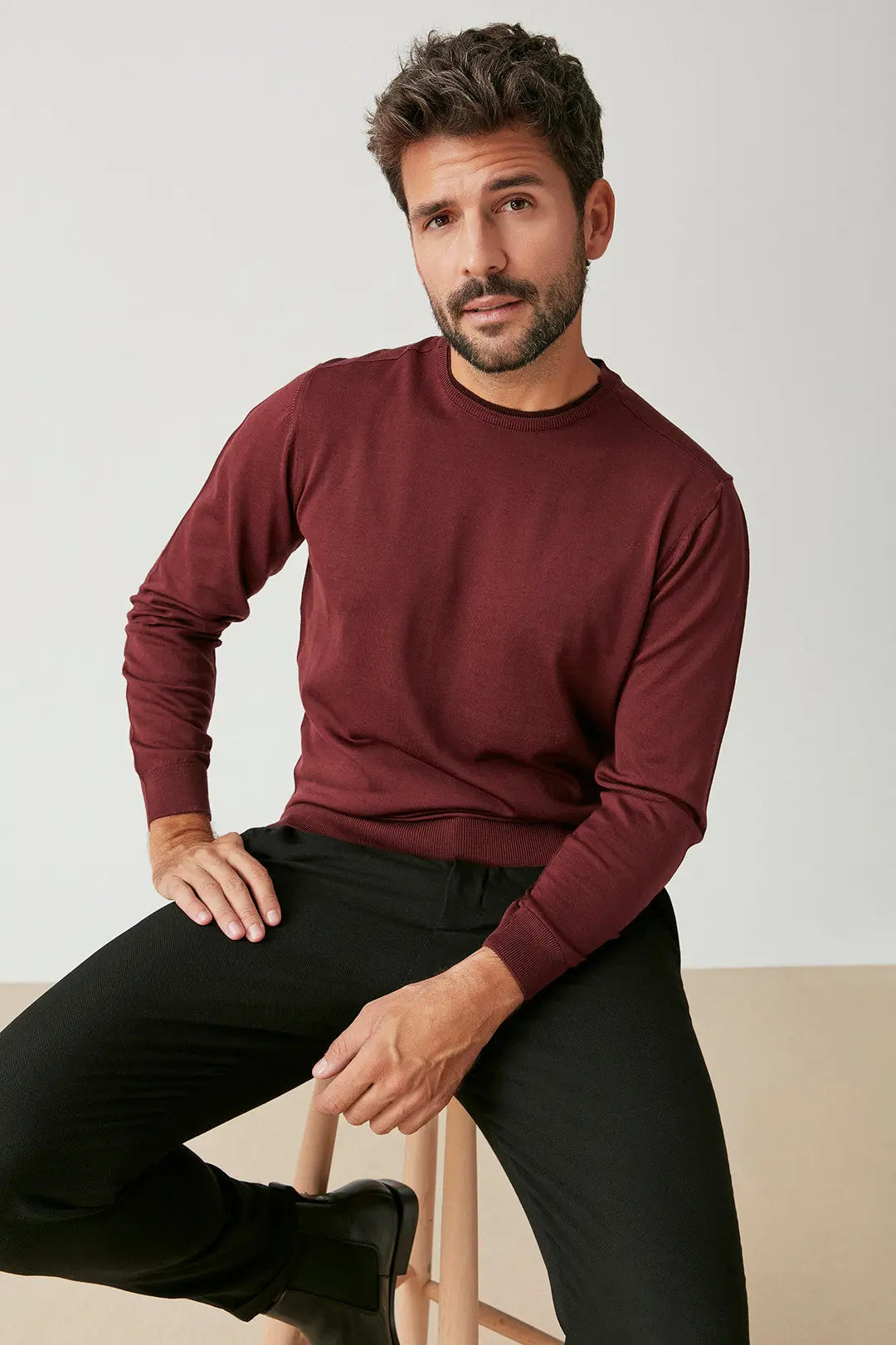 Bordo & More Matteo Yuvarlak Yaka Uzun Kollu Erkek Kazak Silk and Cashmere