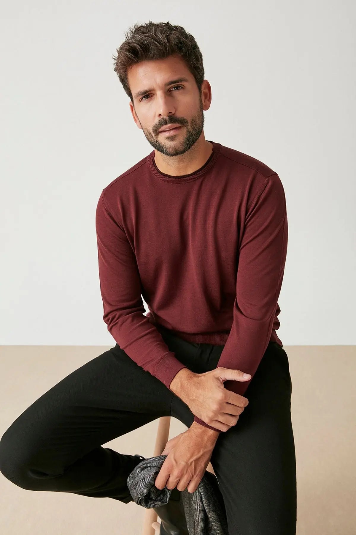 Bordo & More Matteo Yuvarlak Yaka Uzun Kollu Erkek Kazak Silk and Cashmere