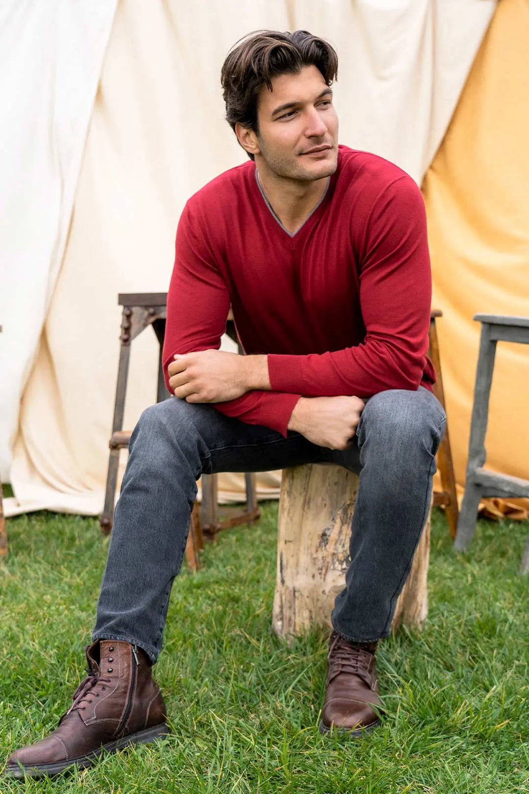 Bordo & More Tony Modal ve Pamuklu V Yaka Uzun Kollu Erkek Triko Silk and Cashmere