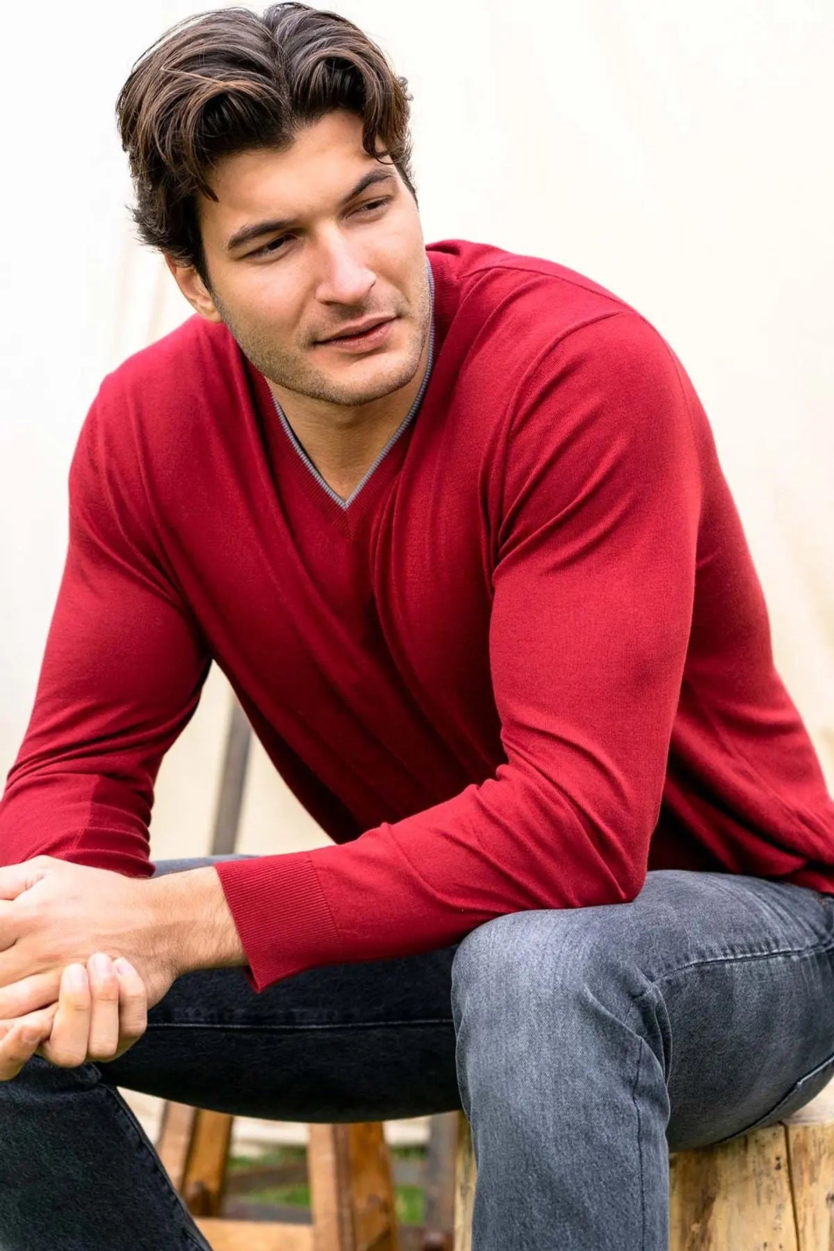 Bordo & More Tony Modal ve Pamuklu V Yaka Uzun Kollu Erkek Triko Silk and Cashmere