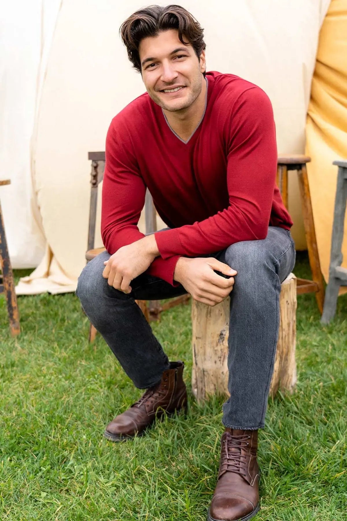 Bordo & More Tony Modal ve Pamuklu V Yaka Uzun Kollu Erkek Triko Silk and Cashmere