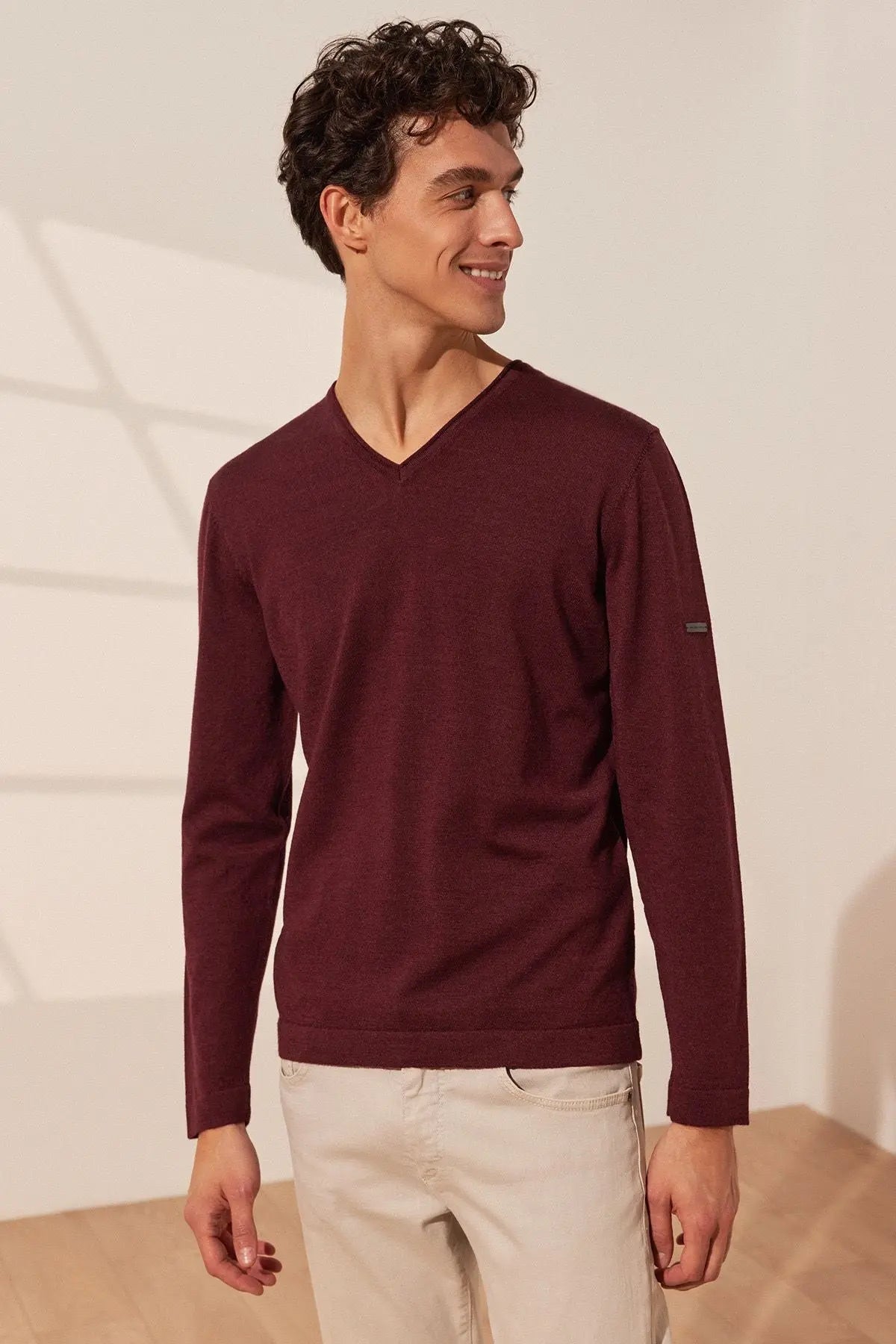 Bordo pekli Quentin V Yaka Uzun Kol Erkek Triko Silk and Cashmere