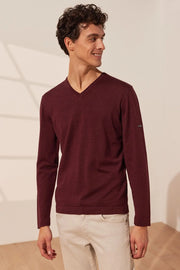 Bordo pekli Quentin V Yaka Uzun Kol Erkek Triko Silk and Cashmere