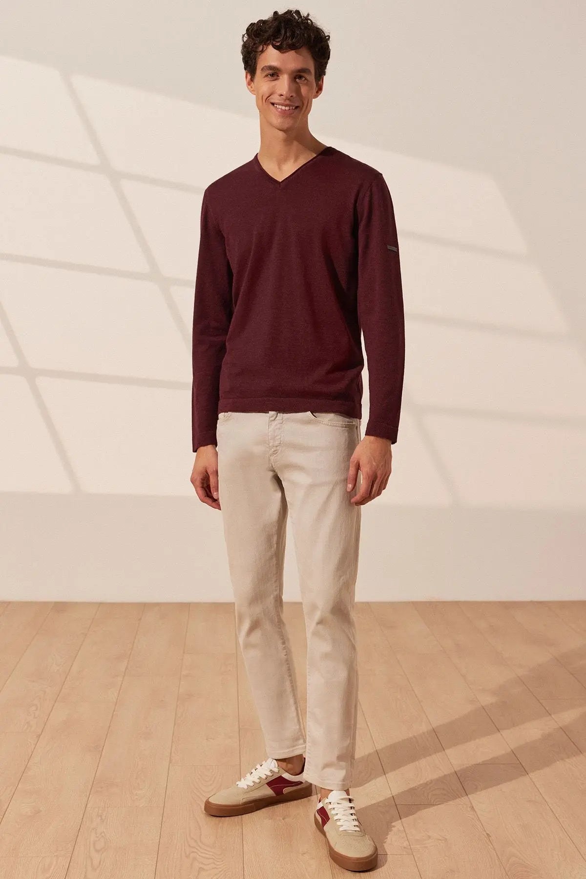 Bordo pekli Quentin V Yaka Uzun Kol Erkek Triko Silk and Cashmere