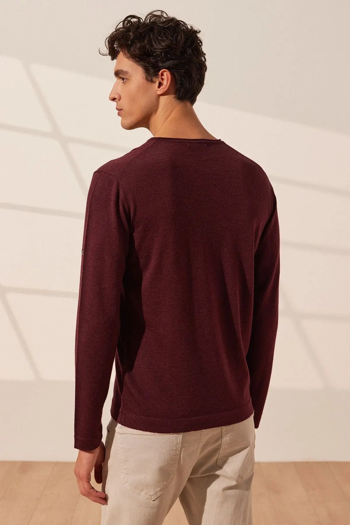 Bordo pekli Quentin V Yaka Uzun Kol Erkek Triko Silk and Cashmere