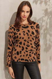 Camel Kaşmir Yün Leopar Baskılı Yuvarlak Yaka Uzun Kollu Kazak Silk and Cashmere