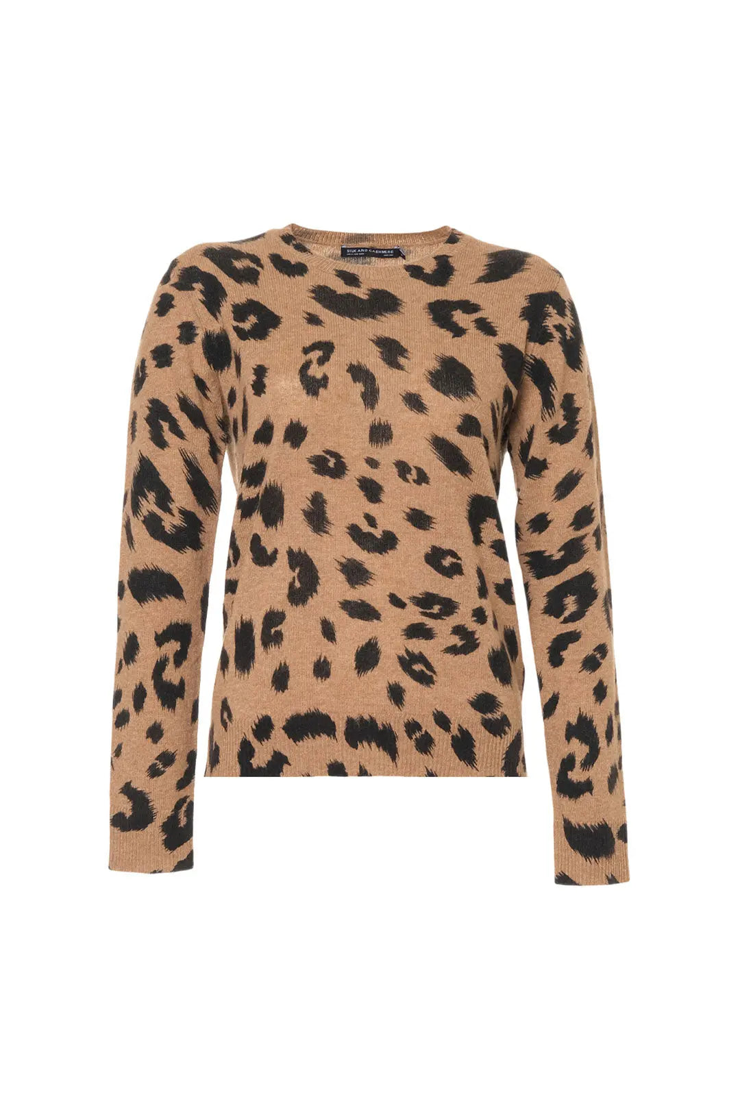 Camel Kaşmir Yün Leopar Baskılı Yuvarlak Yaka Uzun Kollu Kazak Silk and Cashmere