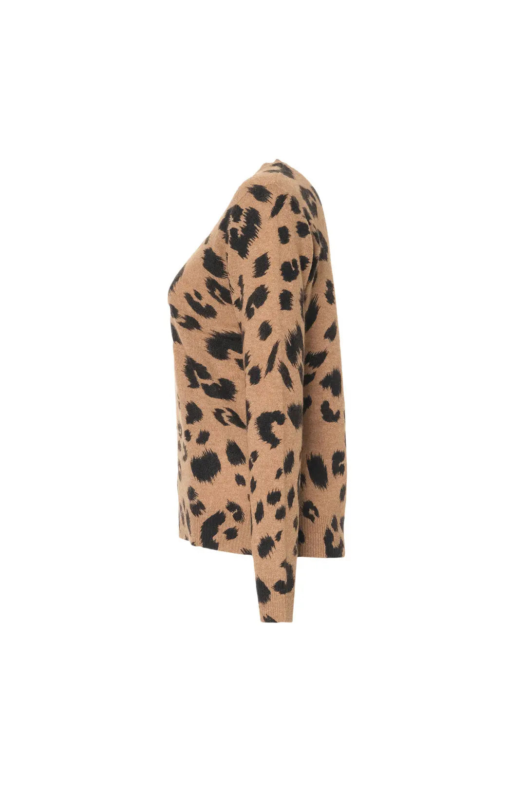 Camel Kaşmir Yün Leopar Baskılı Yuvarlak Yaka Uzun Kollu Kazak Silk and Cashmere