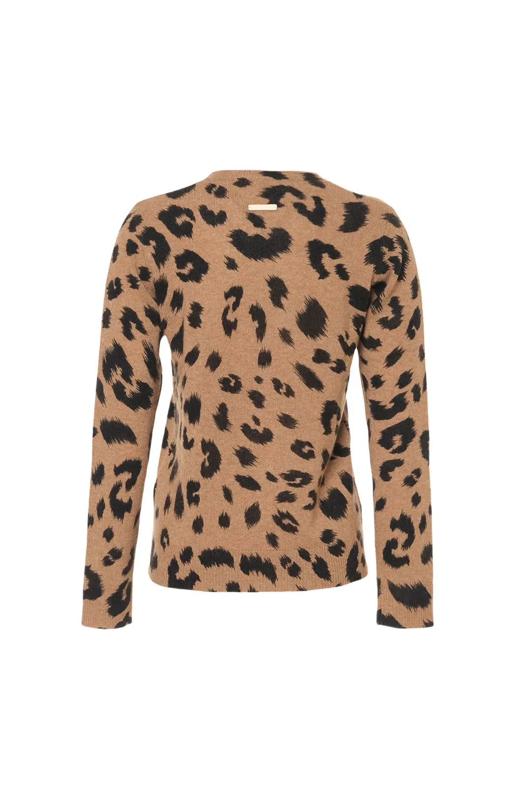 Camel Kaşmir Yün Leopar Baskılı Yuvarlak Yaka Uzun Kollu Kazak Silk and Cashmere