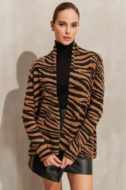 Camel Kaşmir Yün Zebra Baskılı Düğmesiz Uzun Kollu Hırka Silk and Cashmere