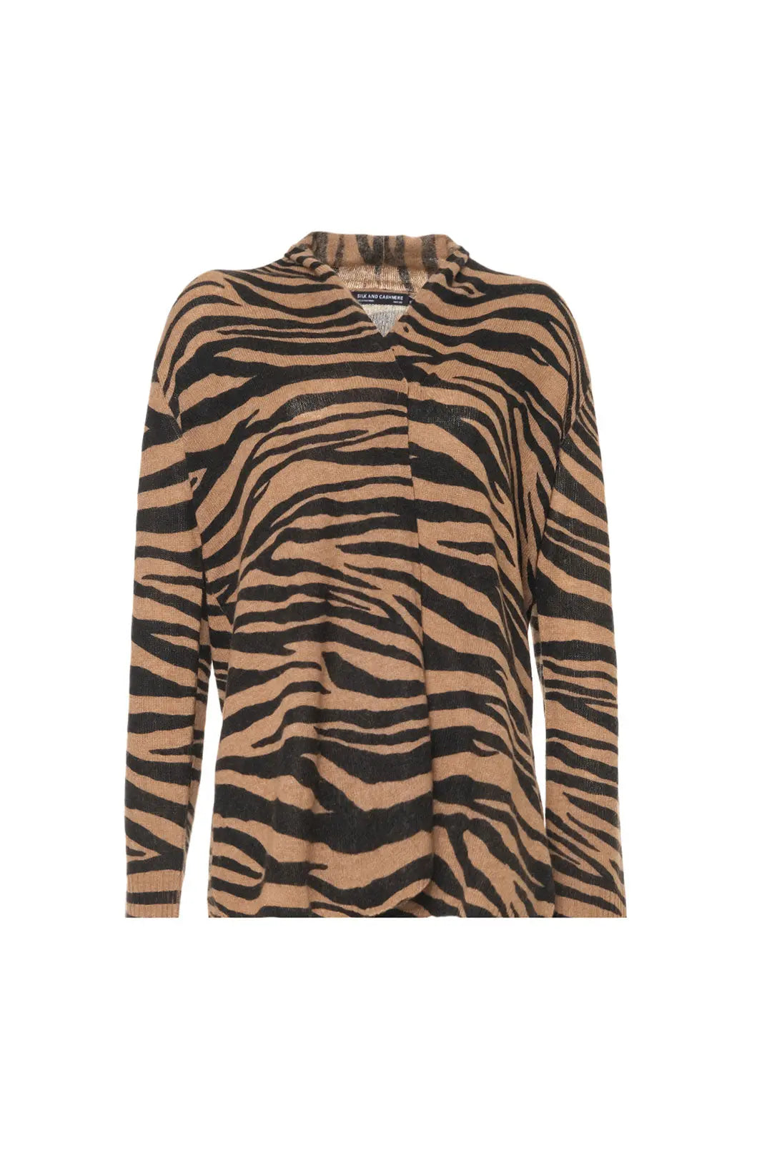 Camel Kaşmir Yün Zebra Baskılı Düğmesiz Uzun Kollu Hırka Silk and Cashmere