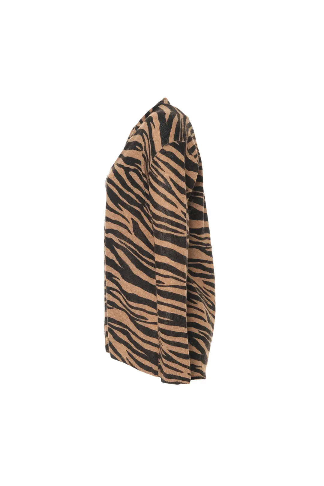 Camel Kaşmir Yün Zebra Baskılı Düğmesiz Uzun Kollu Hırka Silk and Cashmere