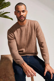 Camel Kaşmir ve Avustralya Yünü Erson Ters Dikiş Detaylı Yuvarlak Yaka Uzun Kollu Erkek Kazak Silk and Cashmere