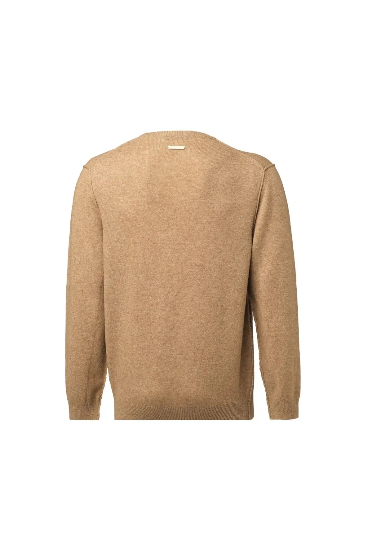 Camel Kaşmir ve Avustralya Yünü Erson Ters Dikiş Detaylı Yuvarlak Yaka Uzun Kollu Erkek Kazak Silk and Cashmere