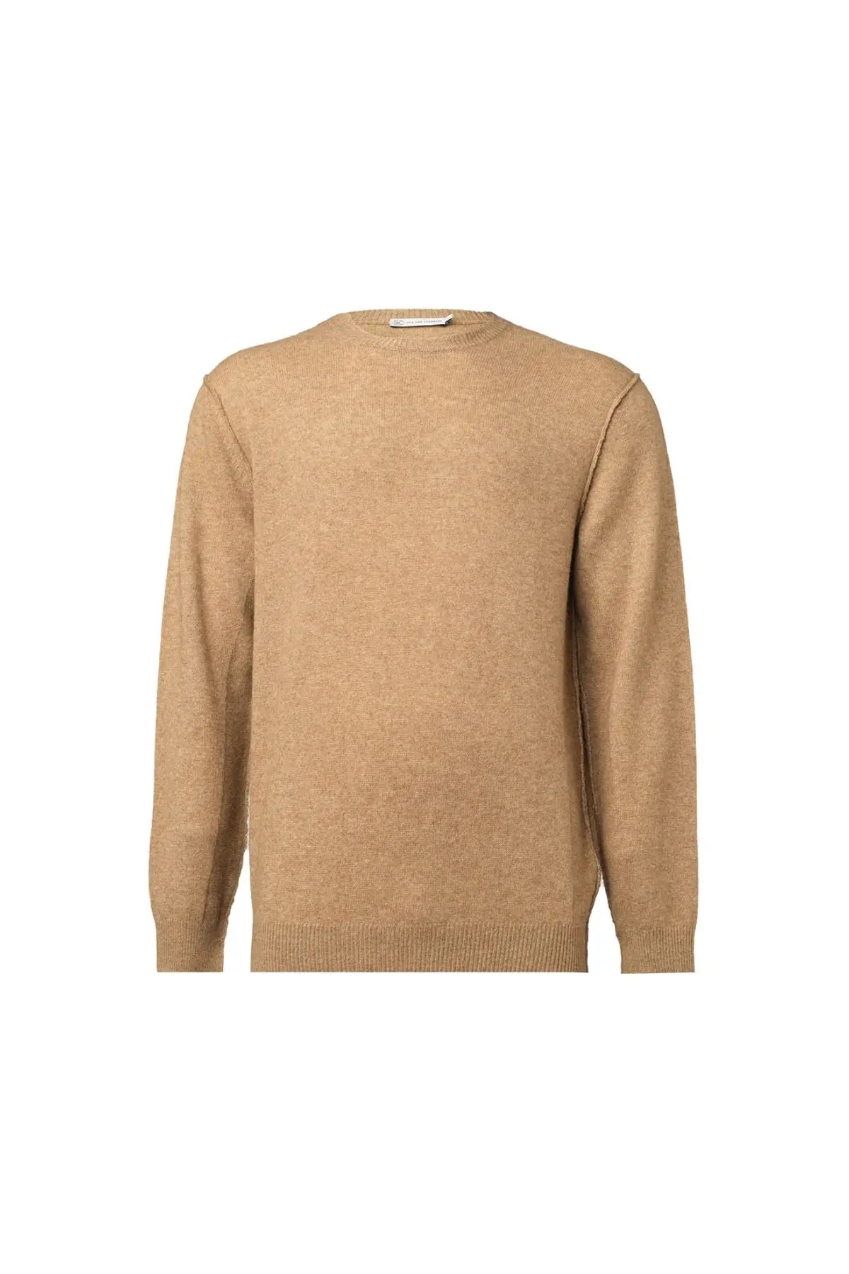 Camel Kaşmir ve Avustralya Yünü Erson Ters Dikiş Detaylı Yuvarlak Yaka Uzun Kollu Erkek Kazak Silk and Cashmere