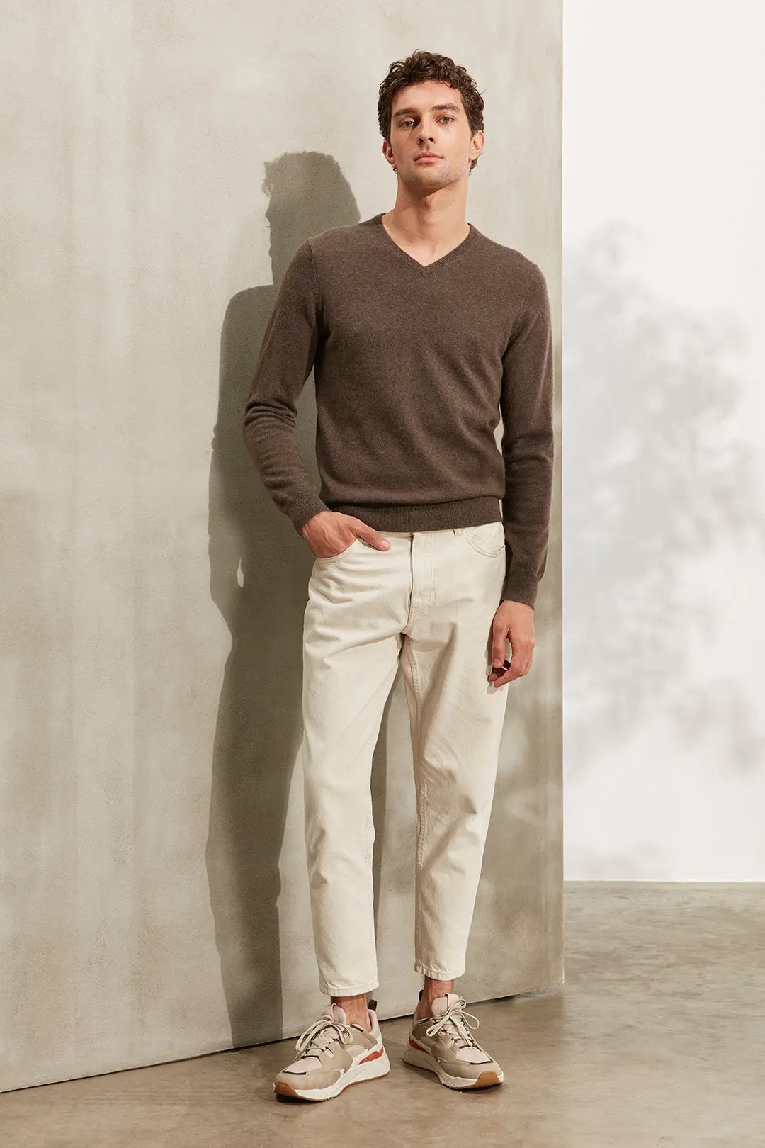 Camel Saf Kamir V Yaka Uzun Kollu Vincent Erkek Kazak Silk and Cashmere