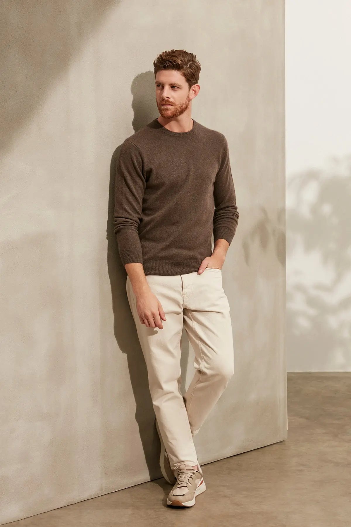 Camel Saf Kamir Yuvarlak Yaka Uzun Kollu Vincent Kazak Silk and Cashmere