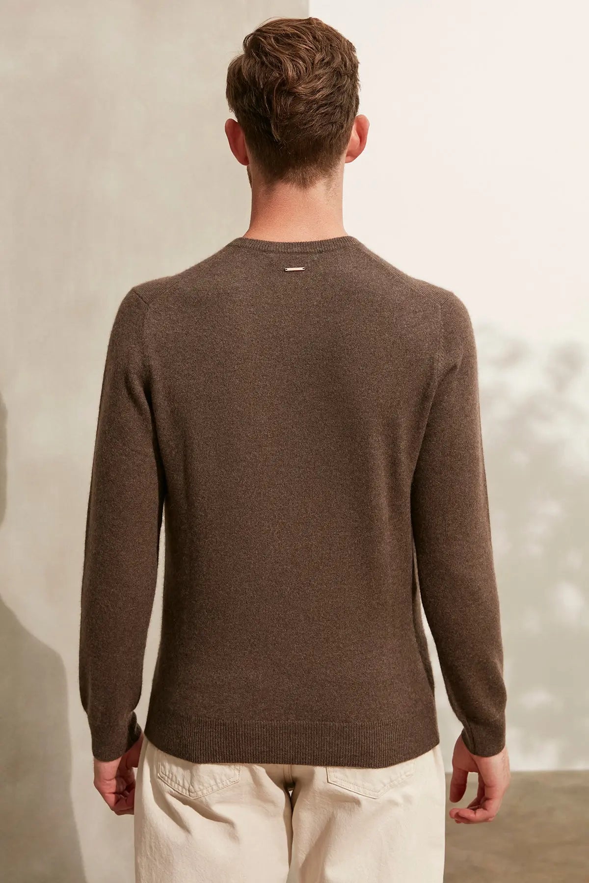 Camel Saf Kamir Yuvarlak Yaka Uzun Kollu Vincent Kazak Silk and Cashmere