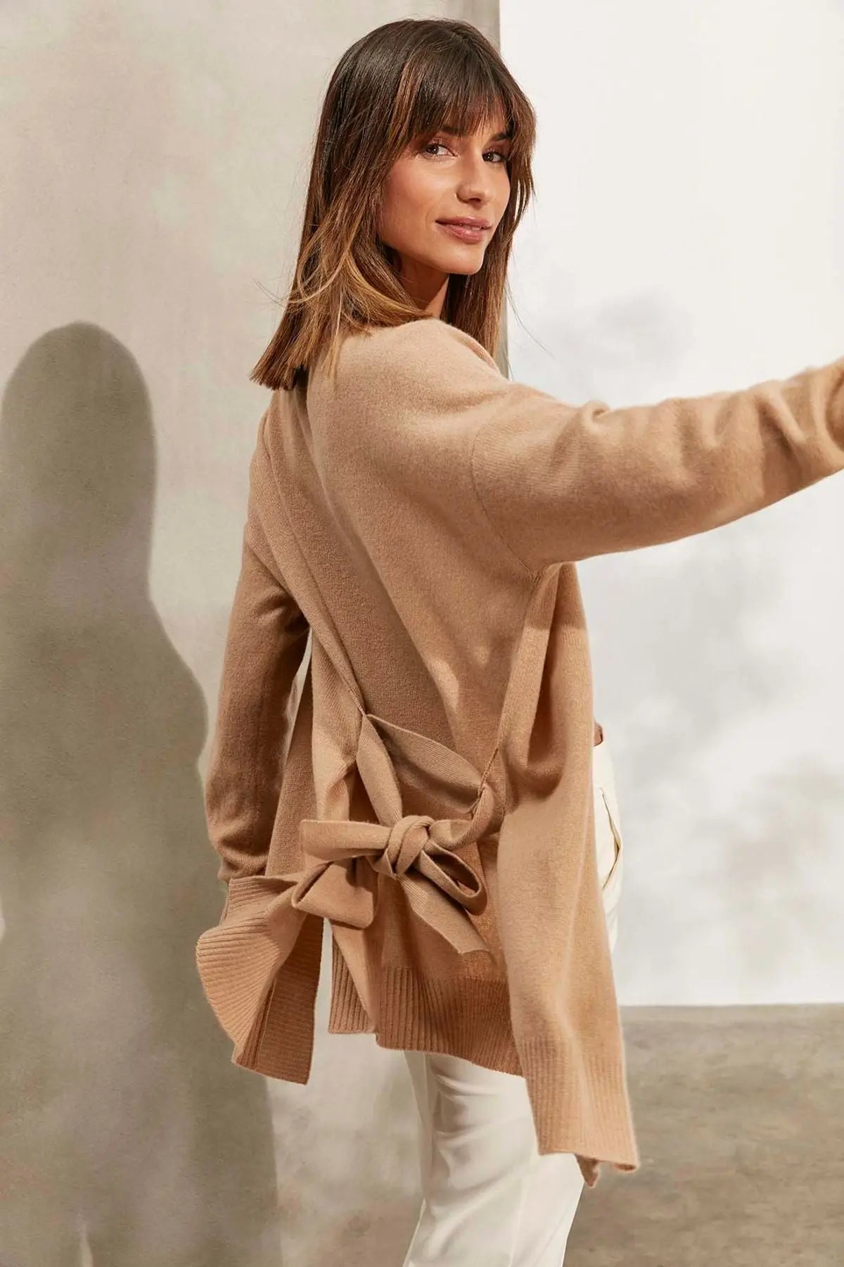 Camel Saf Kaşmir Angel T Kollu Kuşaklı Hırka Silk and Cashmere